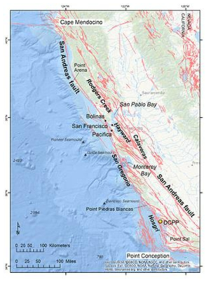 Main faults along the northern and central California Coast. (DCPP= Diablo Canyon Power Plant) (From https://walrus.wr.usgs.gov/geohazards/cennorcal.html)