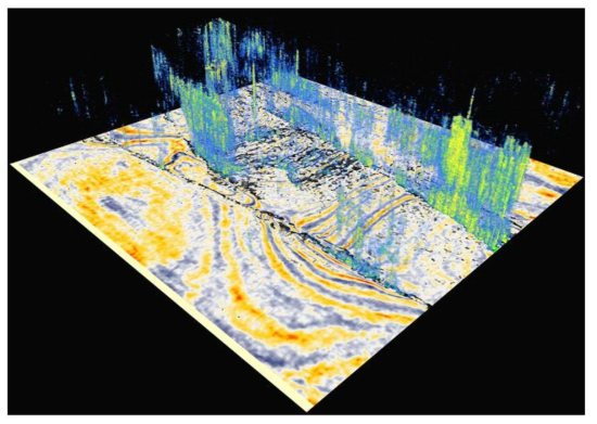 Three-dimensional view of the Hosgri fault 45 meters below the seafloor, revealing fault strands (black), and potential paths along the fault that fluid could follow (green/blue). The other colors represent different geologic layers. Image by Jared Kluesner, USGS (From https://walrus.wr.usgs.gov/geohazards/cennorcal.html)