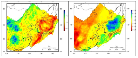 S-wave velocity (VSV) at (a) 70 km and (b) 30 km depths computed from ambient noise tomography (after Kim et al., 2015). The scale bar denotes VSV in km/s