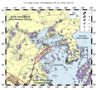 Fault plane solutions in and around the Yellow Sea (Hong and Choi, 2012)