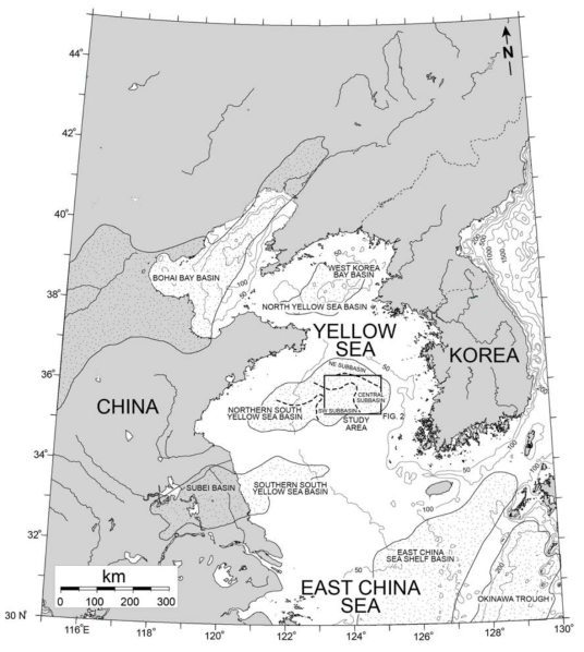 Major basins of the Yellow Sea and the study area that includes the Central Subbasin. Modified after Liu (1986) and Zhang et al. (1989)