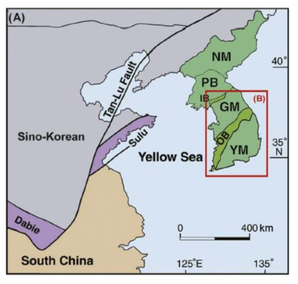 Simplified geologic map of the Korean Peninsula and surrounding NE Asia. NM = Nangrim massif, PB = Pyeongnam basin, IB = Imjingang belt, GM = Gyeonggi massif, OB = Ogcheon belt, YM—Yeongnam massif. (From Choi et al., 2016)