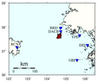 Earthquake sequences south of Baekryeong Island (red circles) and stations used (inverted triangles) (From Son et al., 2015)