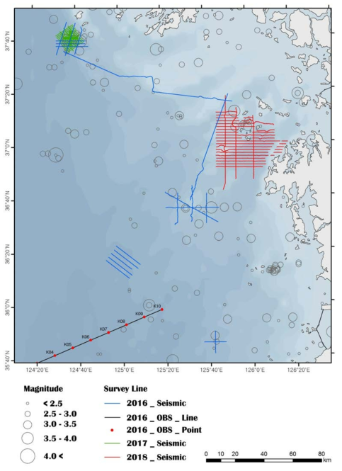 Locations of seismic profiles obtained in this study from 2015 to 2018