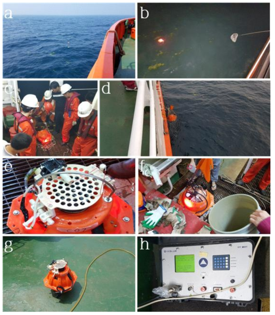 해저면지진계 회수 과정. (a) 해저면지진계 육안 확인, (b) 야간작업시 활용하는 해저면지진계의 빛, (c) 회수된 해저면지진계, (d) 해저면지진계를 뜰채로 잡는 과정, (e) 해저면지진계와 앵커의 연결부위가 끊어진 모습, (f) 담수를 이용한 해저면지진계 세척 (g) 해저면지진계 건조, (h) Acoustic Release를 통한 해저면지진계 와의 통신