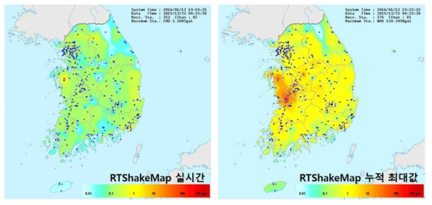 2015년 12월 22일 익산 지진의 행정안전부 가속도 관측망의 QSCD20을 이용한 지진동 지도. 특정 시각의 지진동(좌)와 누적 최댓값 지진동 지도(우)