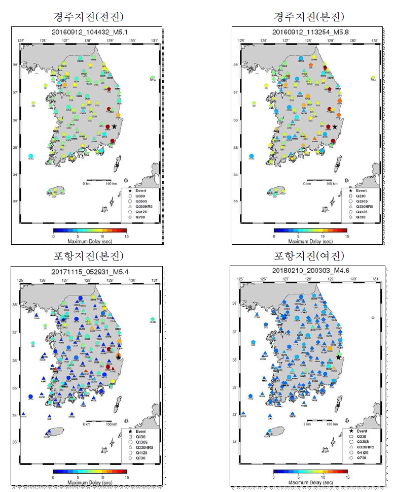 Focus Time Window 내 경주지진의 전진과 본진, 포항지진의 본진과 여진 당시의 관측소별 최대 지연 시간 분석 결과