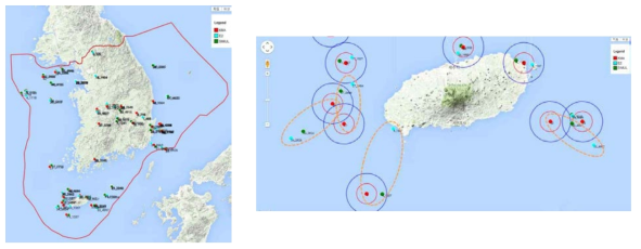 왼쪽 그림은 2013년 12월부터 2015년 7월 19일까지 기상청 탐지영역 내에서 발생한 지진의 분포(빨간색: 기상청 발표, 파란색: 지진조기분석의 기존 모델 적용, 초록색: K-SEIS-1DTT-2015 모델 적용 및 모사시험 결과). 우측 그림은 제주도 인근 지진 분석 결과 비교