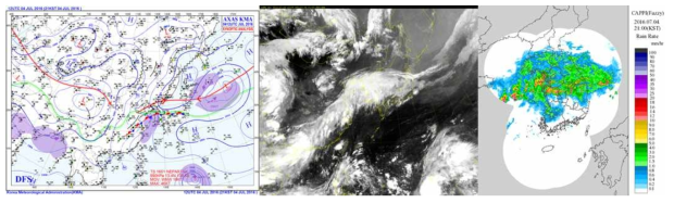 2016년 7월 4일 1200UTC의 지상일기도, 동아시아 위성영상 그리고 레이더 CAPPI 영상