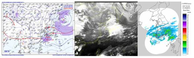 2017년 3월 20일 1200UTC의 지상일기도, 동아시아 위성영상 그리고 레이더 CAPPI 영상