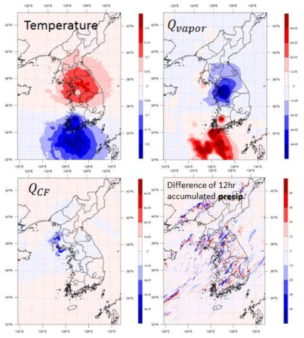 융해층 고도 정보를 적용하여 산출한 관측 증분 예시. 온도, qvapor, qcf 그리고 강수량 차이
