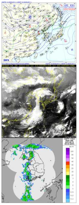 사례 1의 지상 일기도, 적외영상, CAPPI 이미지