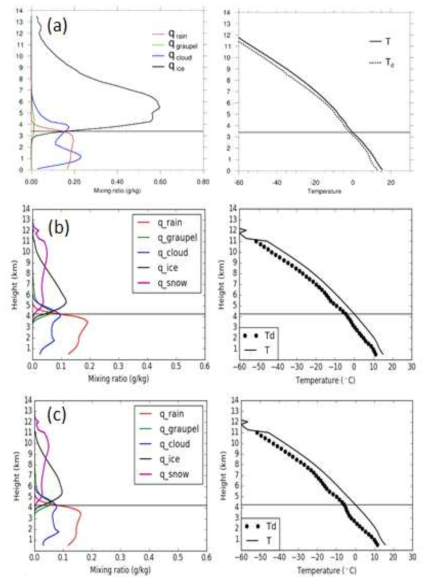 사례 1 기간의 평균 연직 수상체 프로파일, 온도 그리고 노점온도 프로파일. (a) UM 초단기예보모델 실험, (b) WRF 규준실험, 그리고 (c) WRF 자료동화 실험 결과