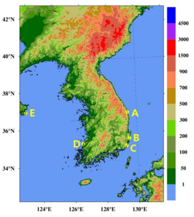 pcateions of nuclear power plants4 in South Korea (A:Uljin, B:Woel-sung, C:Gori, D: Young-gwang) and Weihai (E) in Shandong Province in China