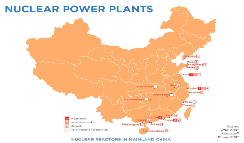The locations of the nuclear power-plant sites in mainland China