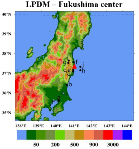 Domain of the Lagrangian Particle Dispersion Model (LPDM), monitoring sites(a-j) near the nuclear power plant(▲)