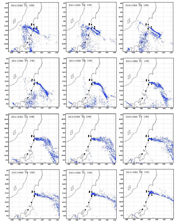 The distribution of Lagrangian Particles(⦁) at 01 UTC - 23 UTC 23 March 2011 simulated by LPDM and monitoring sites(●) near the nuclear power plant