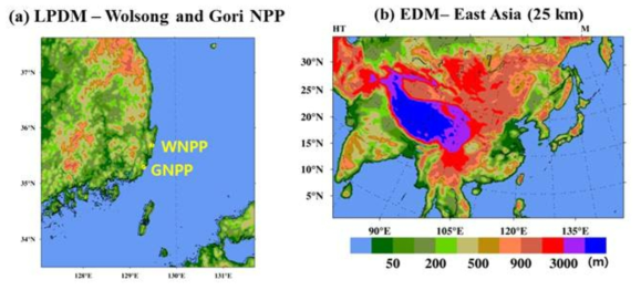 Model domains for (a)the Lagrangian particle dispersion model for Woel-sung and Gori nuclear power plant and (b) the Eulerian Dispersion Model for East-Asia region