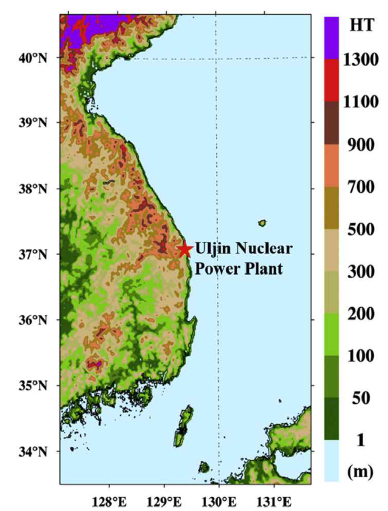 The LPDM model domain with the topography. The power plant site is indicated (★)