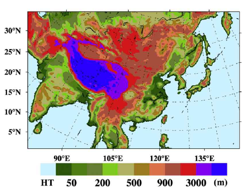 The domain for the Eulerian Dispersion Model in East Asia with the topography