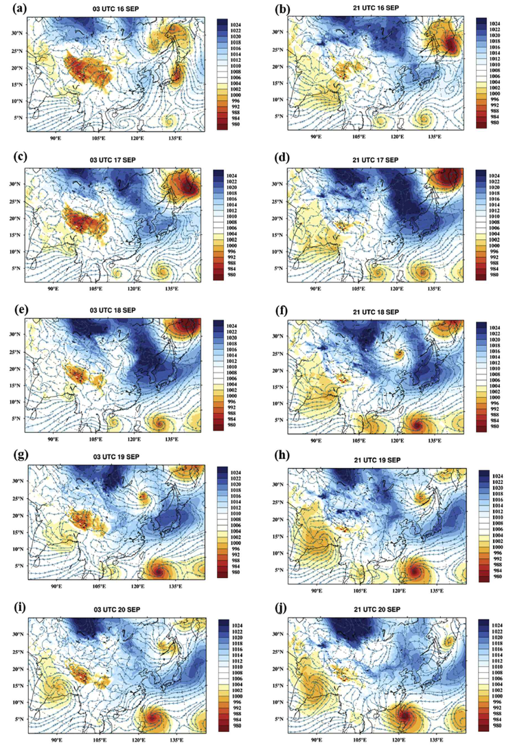 Spatial distributions of the surface pressure (hPa) with the streamline presented by every 12 h interval (03 and 21 UTC) for the period from 16 to 20 September 2013