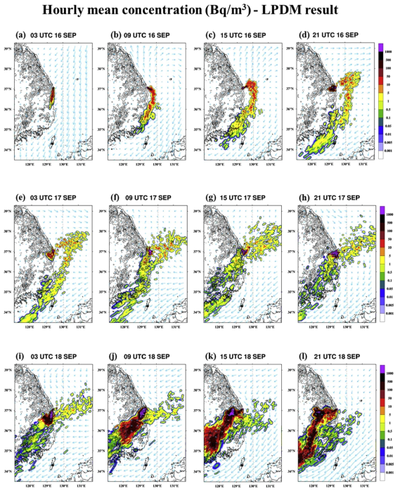 Spatial distributions of the LPDM model simulated hourly mean near surface concentration (Bq m-3) of 137Cs presented by every 6-h interval for the period from (a) 03 UTC 16 to (t) 21 UTC 20 September 2103