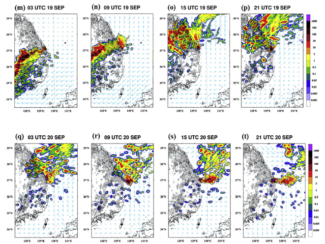 Spatial distributions of the LPDM model simulated hourly mean near surface concentration (Bq m-3) of 137Cs presented by every 6-h interval for the period from (a) 03 UTC 16 to (t) 21 UTC 20 September 2103 (continued)