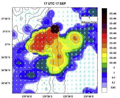 The spatial distribution of the model simulated hourly mean surface concentration (Bq m-3) in the enhanced domain at 17 UTC 17 September