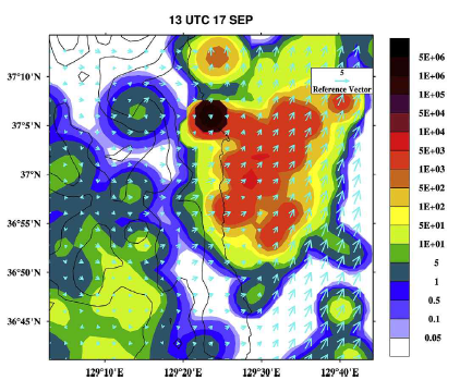 The same as in Fig. 3.3.8 except for the hourly mean Column integrated concentration (Bq m-2) at 13 UTC 17 September 2013