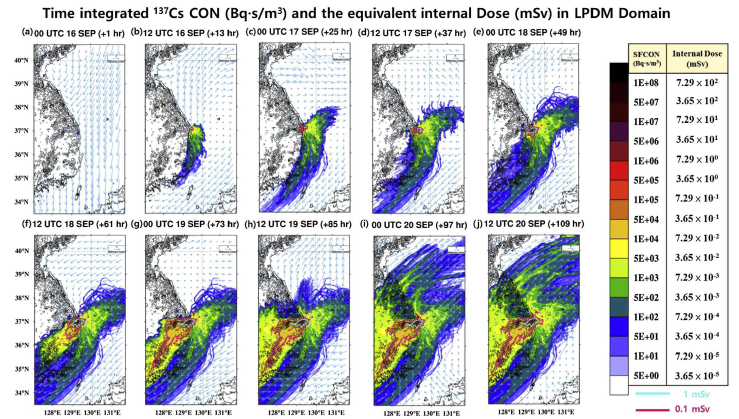Spatial and temporal distributions of the time integrated near surface 137Cs concentration (Bq·s m-3) with the internal dose (mSv) presented by daily twice from 00 UTC 16∼12 UTC 20 September 2013. The hour in the parenthesis indicates the elapsed time after the accident. The areas enclosed by ━ and ━ curves represent the internal dose exceeding 1 mSv and 0.1 mSv, respectively
