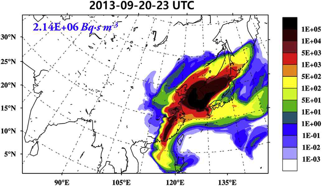 The spatial distribution of the time integrated near surface concentration (Bq·s m-3) simulated by the EDM-EA model at 23 UTC 20 September 2013. The number indicates its maximum value in the domain