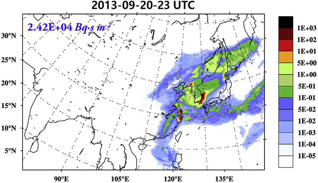 The same as in Fig. 3.3.18 except for the time integrated total deposition (Bq·s m-2)