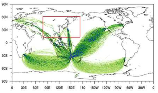 The horizontal locations of NIL (light green), LGT (dark green), MOD (blue), and SEV (red)-level turbulence from the Australian AMDAR data from January 2011 to December 2014. Region of East Asia, which is equal to the domain of RDAPS, is represented by the red box