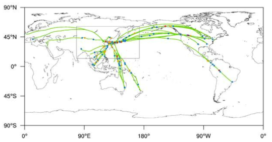 Flight tracks (green lines) and locations (dots) for the LGT (blue), MOD (orange), and SEV (red)-level turbulence from KAL data from January 2012 to December 2012 at altitudes above 15 kft. Region of East Asia, which is the domain of RDAPS operated by KMA is indicated by the grey box