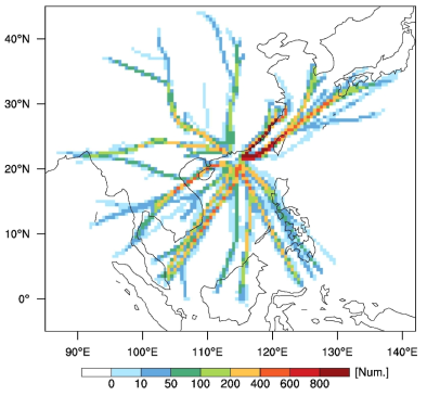 Horizontal distribution of the number of HK data used in the present study accumulated within a 0.5°× 0.5°horizontal grid box from February 2011 to April 2014