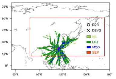 The horizontal locations (dots) for the NIL (light green), LGT (dark green), MOD (blue), and SEV (red)-level turbulence from HK EDR (circle) and DEVG (cross) data from February 2011 to April 2014 at altitudes above 28 kft. Region of East Asia, which is the domain of RDAPS operated by KMA is indicated by the red box