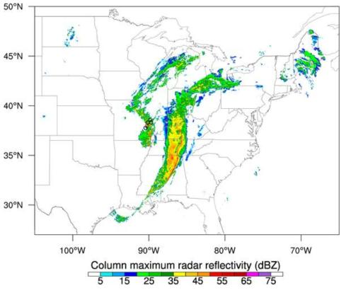 WSR-88D Next-Generation Weather Radar (NEXRAD) radar mosaic of maximum reflectivity in a vertical column at 2355 UTC 9 March 2006 and horizontal locations of 36 – 39 kft (~ 11 – 12 km MSL) MOD (black circle) and SEV (red circle) turbulence reports between 2325 UTC 9 March and 0030 UTC 10 March 2006