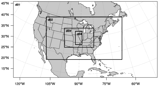 Model horizontal domains (d1, d2, d3, and d4) with 30, 10, 3.3, and 0.67-km horizontal grid spacing used for the numerical simulation