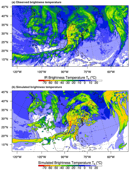 (a) Observed infrared brightness temperature and (b) simulated brightness temperature in domain 1 at 2355 UTC 10 March 2006. Locations (circle) of MOD (black) and SEV (red) PIREPs are indicated