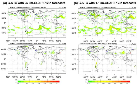 Locations of in-situ EDR data observed within ±1h centered at 0600 UTC 13 June 2016 at 36,000 ft superimposed on the 12-h forecasts of CAT- and MWT-GKTGs based on (a) the 25 km-GDAPS and (b) the 17 km-GDAPS. Blue asterisk and red caret represent NIL- and MOG-level turbulence observed from the in-situ flight EDR data, respectively