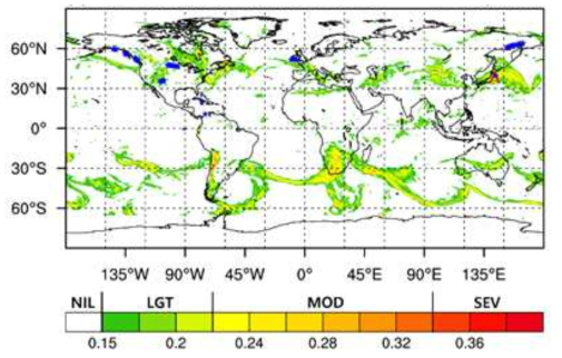 Locations of in-situ flight EDR data over global region observed within ±1h centered at 0600 UTC 13 June 2016 at 36,000 ft superimposed on the 12-h forecasts of the 17 km-GDAPS based maximum-GKTG. Blue asterisk and red caret represent NIL- and MOG-level turbulence observed from the in-situ flight EDR data, respectively