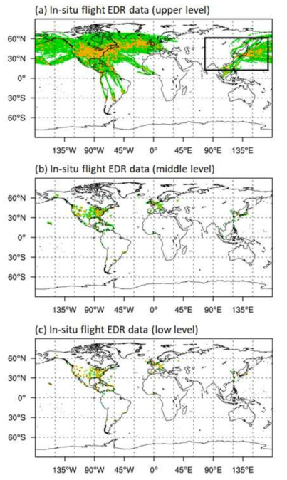 Horizontal distribution of MOG- and NIL-levels of turbulence over global region in the (a) upper (20,000 – 50,000 ft), (b) middle (10,000 – 20,000 ft), and (c) low (surface – 10,000 ft) levels observed from in-situ flight EDR data from June 2016 to November 2016. The MOG- and NIL-level turbulence are depicted as orange and green dots, respectively. Black box in (a) represents East Asia region which coincides with domain of regional-KTG (R-KTG)