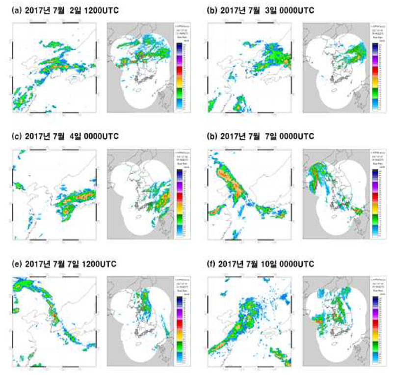 IMERG (Integrated Multi-Satellite Retrieval for GPM) precipitation intensity (mm/h) and radar observation for precipitation events over East Asia during a cycle period (23 Jun 2017 – 15 July 2017)