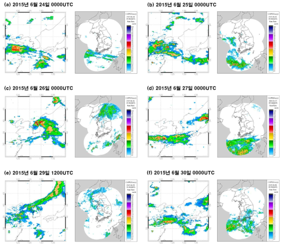 IMERG (Integrated Multi-Satellite Retrieval for GPM) precipitation intensity (mm/h) and radar observation for precipitation events over East Asia during a cycle period (15 Jun 2015 – 31 July 2015)