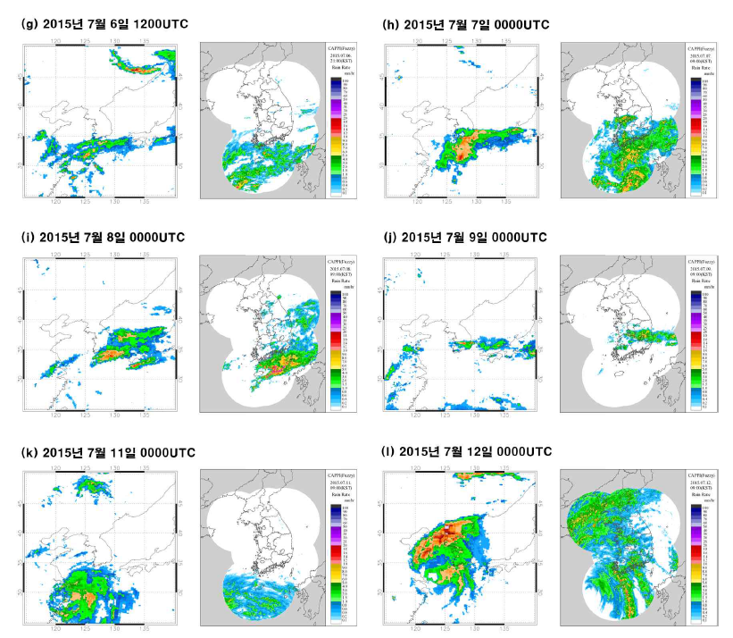 (Continued) IMERG (Integrated Multi-Satellite Retrieval for GPM) precipitation intensity (mm/h) and radar observation for precipitation events over East Asia during a cycle period (15 Jun 2015 – 31 July 2015)