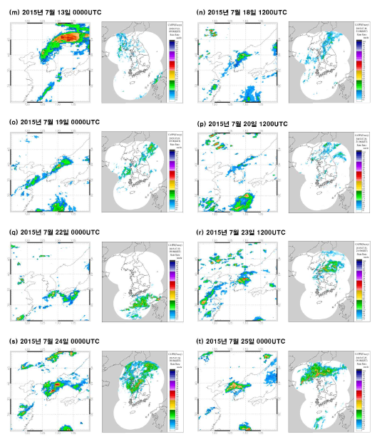 (Continued) IMERG (Integrated Multi-Satellite Retrieval for GPM) precipitation intensity (mm/h) and radar observation for precipitation events over East Asia during a cycle period (15 Jun 2015 – 31 July 2015)