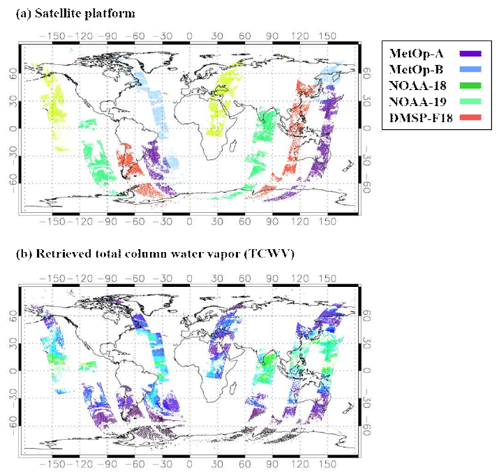 (a) Used satellite platforms and (b) retrieved TCWV (Total Column Water Vapor) from MIRS (Microwave Integrated Retrieval System)