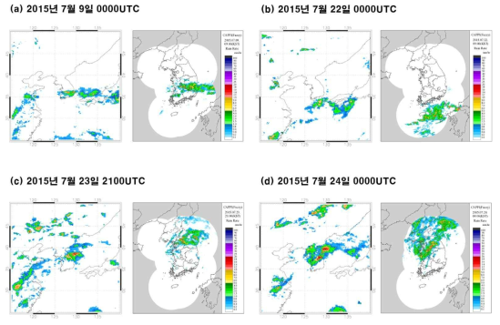 IMERG (Integrated Multi-Satellite Retrieval for GPM) precipitation intensity (mm/h) and radar-observed precipitation intensity for the cold-type heavy rain cases for a period from 15 June 2015 to 31 July 2015