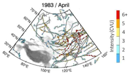 저기압 알고리즘에 의해서 탐지된 1983년 04월의 동아시아 온대저기압들의 궤적과 강도의 변화. 점은 탐지된 저기압의 중심을 뜻하며 각 점의 색은 해당 위치에서 사례 온대저기압의 강도를 의미함. 회색 음영은 지형의 고도를 의미함. 컬러바는 온대저기압 중심의 강도를 나타냄