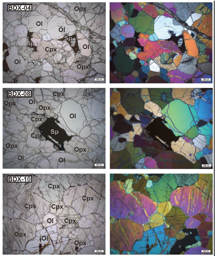 백두산 맨틀 페리도타이트의 현미경사진. Ol = olivine; Opx = orthopyroxene, Cpx = clinopyroxene; Sp = spinel